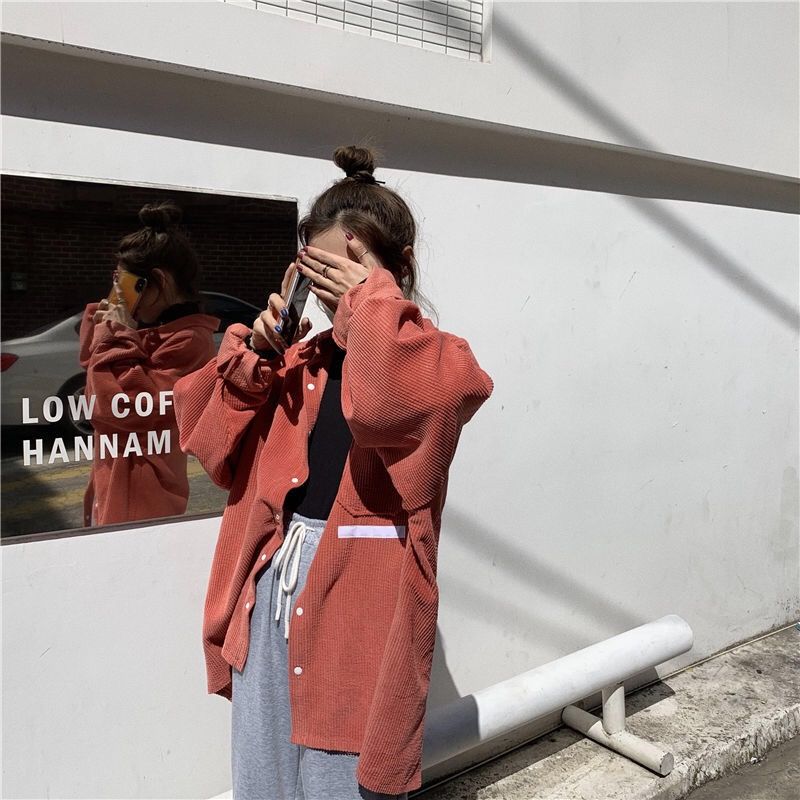 Woman Pocket Decoration Soild Colour Shirts Japanese Retro Loose Long Sleeved Shirt Autumn Women's Versatile Single Breasted Top