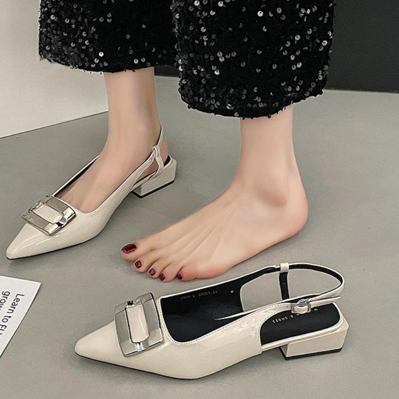 Pointed Toe Square Buckle Low Heel Baotou Sandals Women's New Versatile Block Heel Patent Leather Back Empty Single Shoes