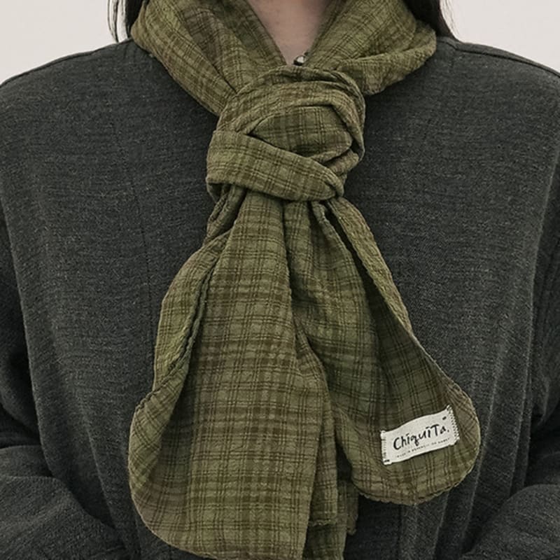 CHIQUITA Check Cotton Long Scarf Khaki 250810KH