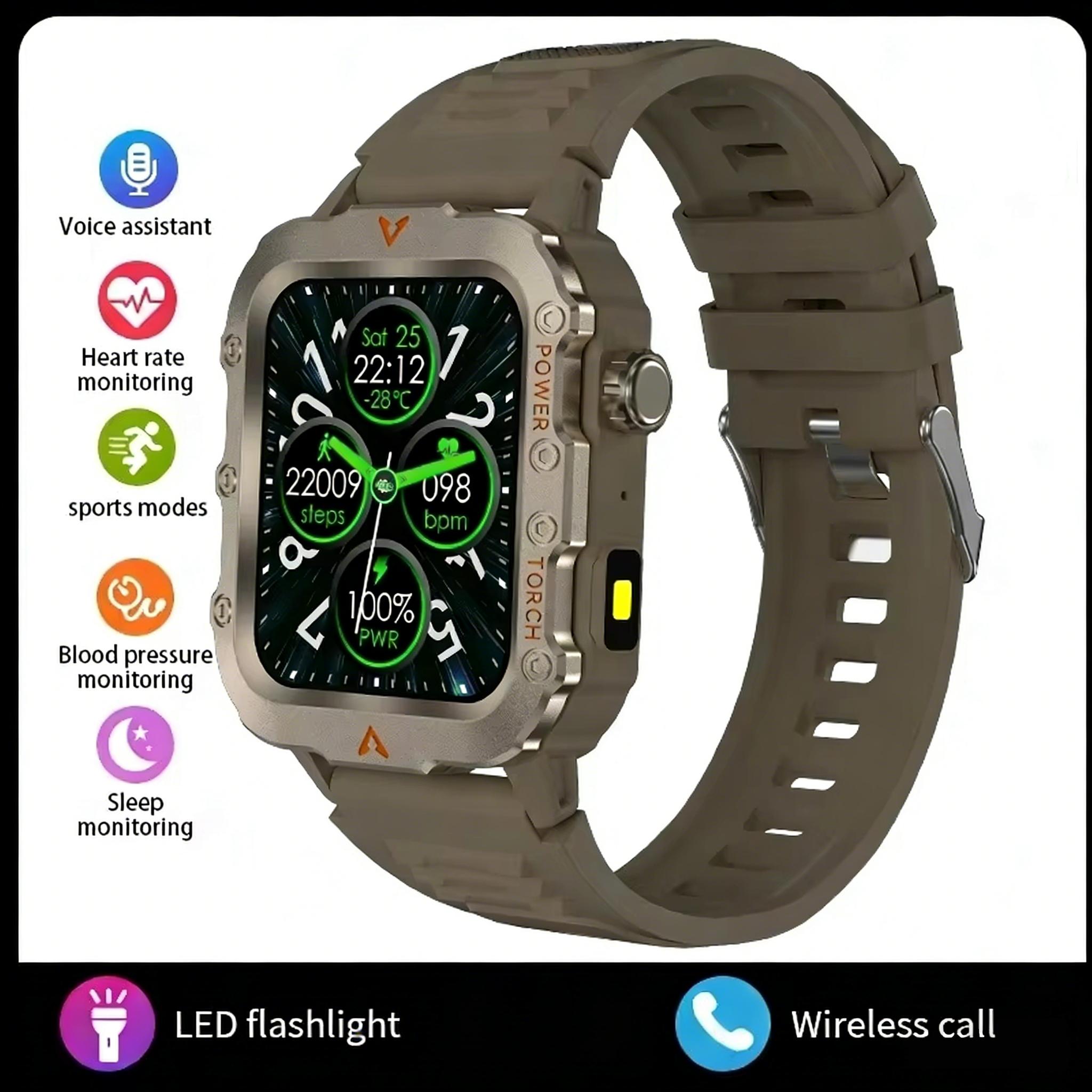 

New Men s Smart Watch Outdoor Sports Watch 1.85 Inch Voice Assistant Bluetooth Call LED Flashlight Smartwatch коричневый