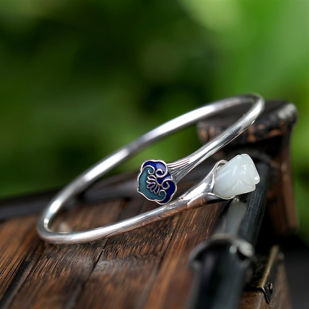Original Retro Cloisonne Ruyi Auspicious Magnolia Temperament Female Burning Blue Enamel Bracelet Plated with 925 Silver Bracelet