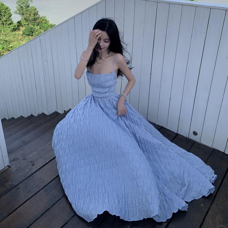 Summer Blue Pure Desire Wind Beach Vacation Backless Waist Thin Big Skirt Suspender Long Skirt