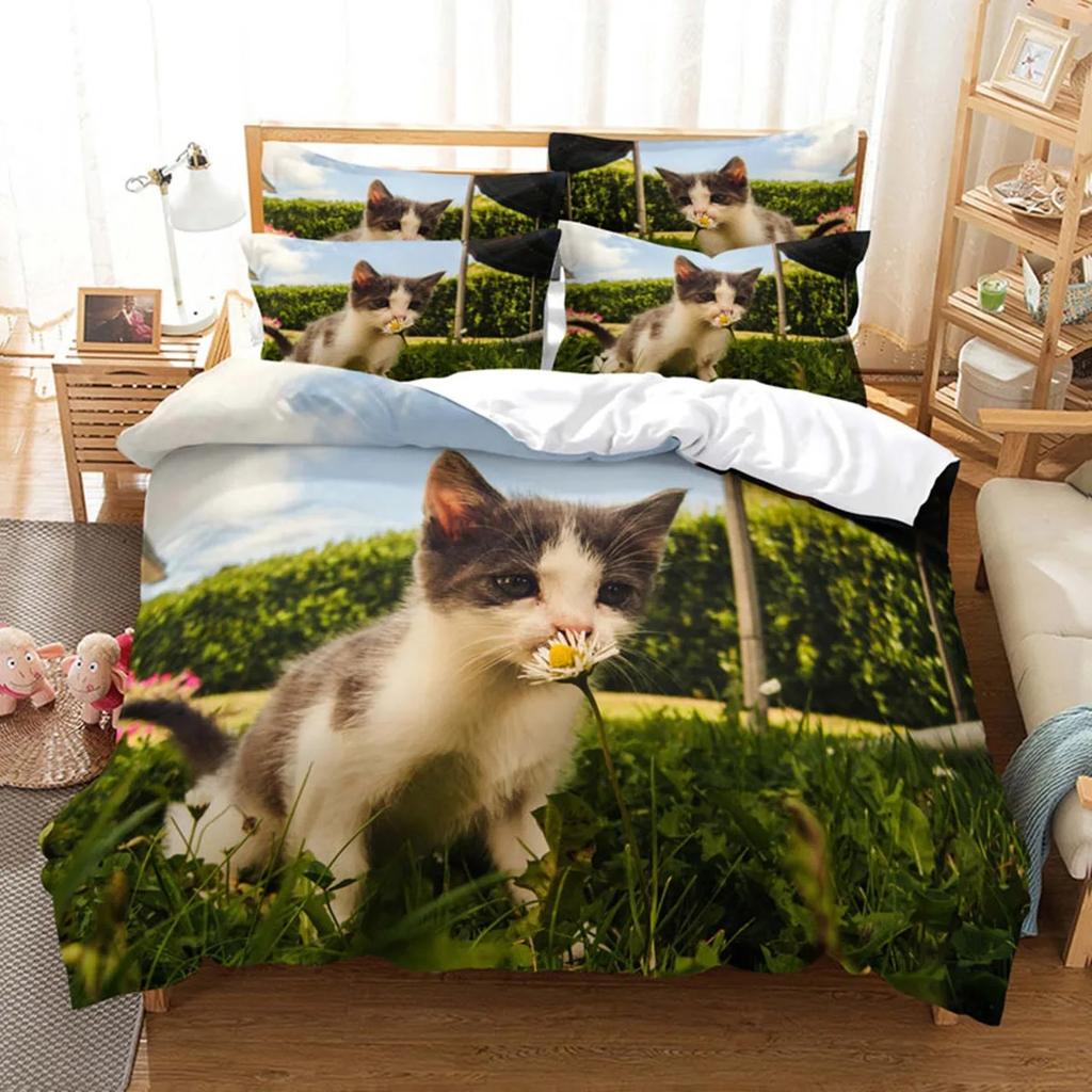 3D Cat Cute Kitten Bedding Sets Quilt Bed Cover Comforter Duvet Cover Pillow Case 2-3 Pieces Sets Kids Adult Bedroom Decoration