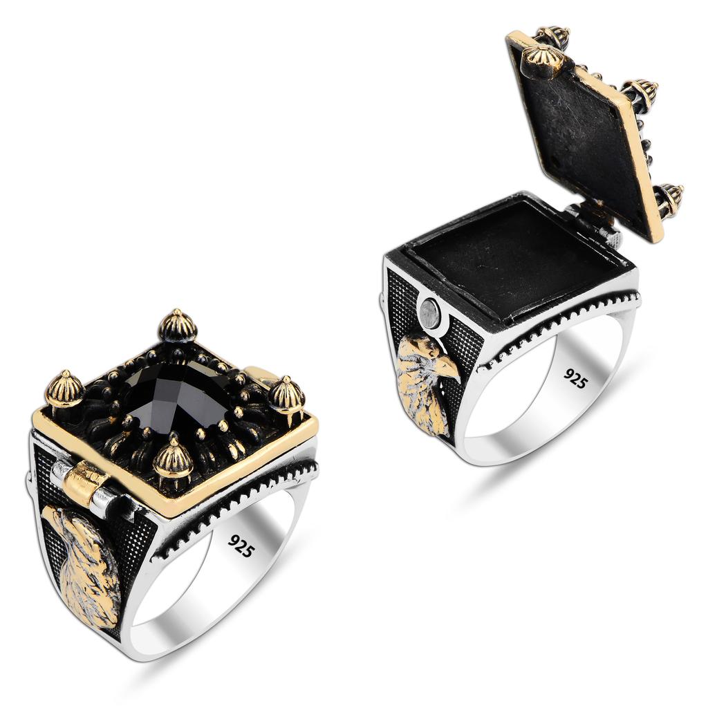 925K Silver Secret Compartment Men's Ring, Onyx Stone Men Ring