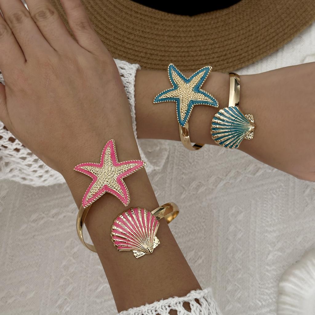 Trend Boho Summer Starfish Shell Cuff Bangles for Women Gold Color Metal Starfish Scallop Open Bracelet Beach Party Jewelry Gift