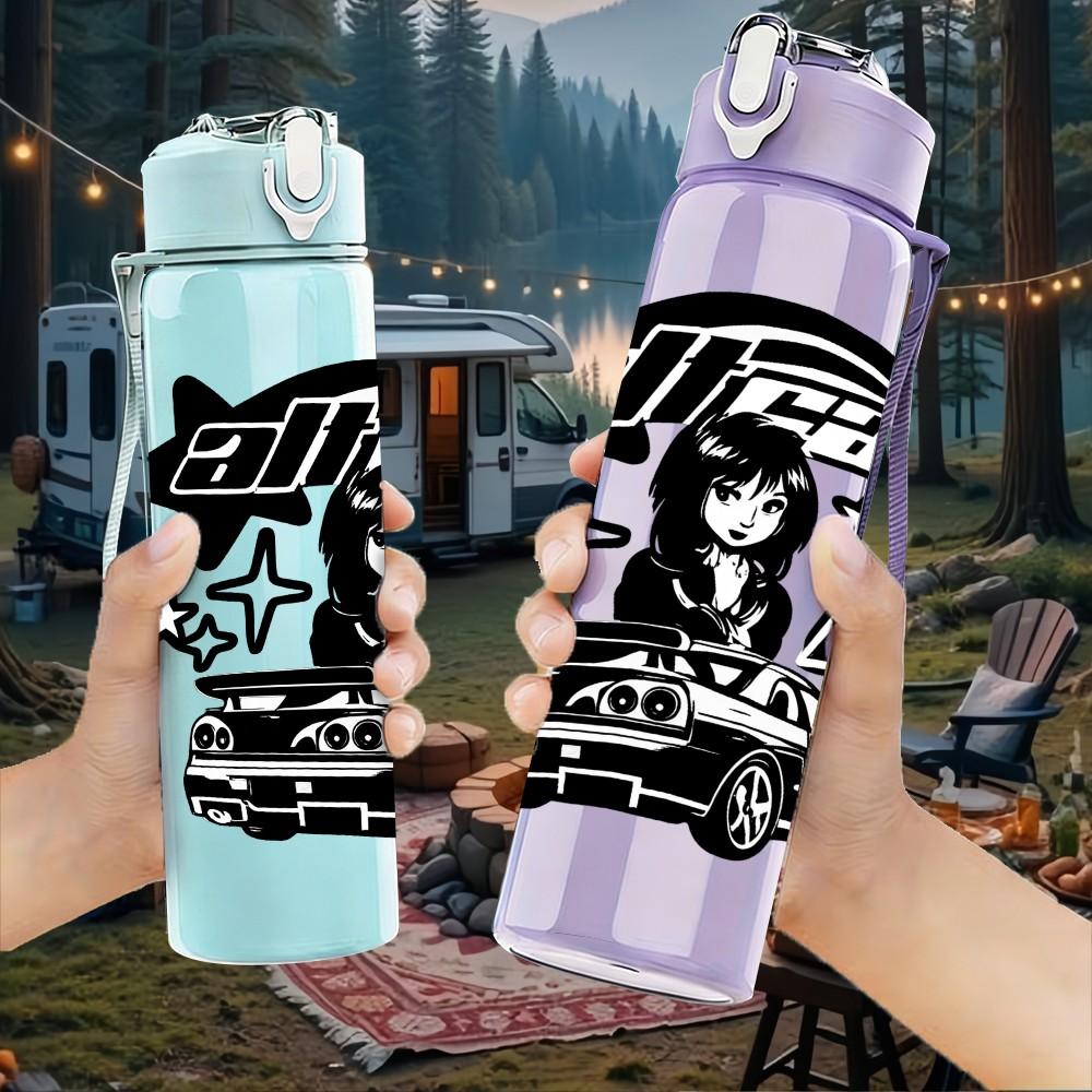 1PC Retro Car Star Girl Graphic 750ml Color Plastic Sports Water Bottle Leakproof Flip Straw Lid Suitable for Sports Office Home Use