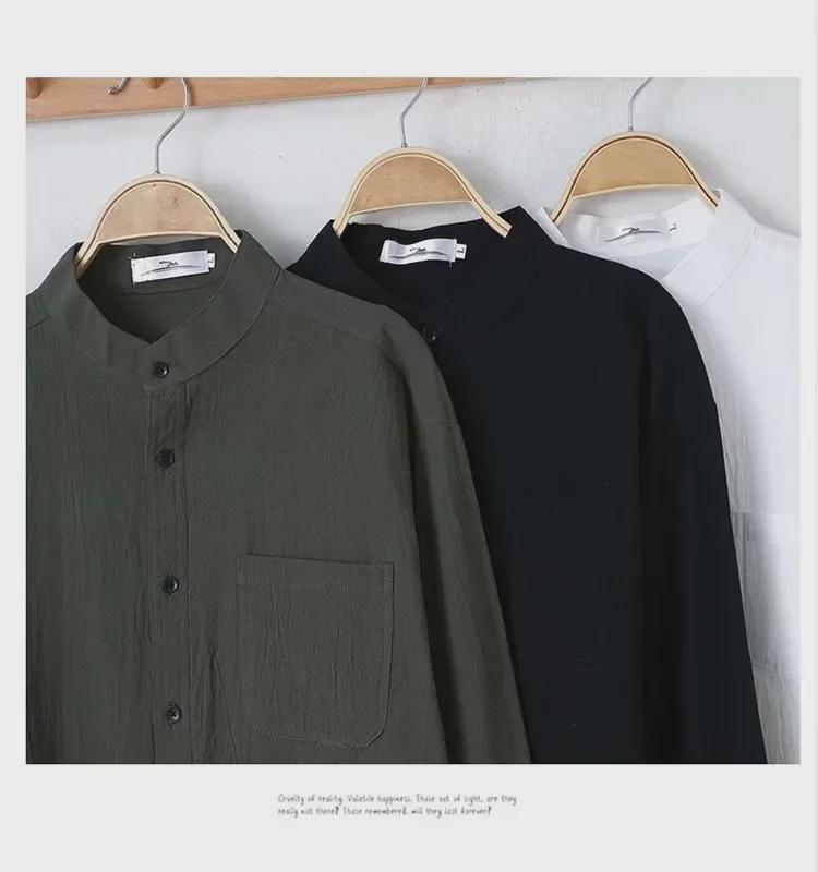 Men's Slim Fit Japanese Retro Linen-Cotton Shirt, Long Sleeve, Stand Collar, Casual All-Match Design.