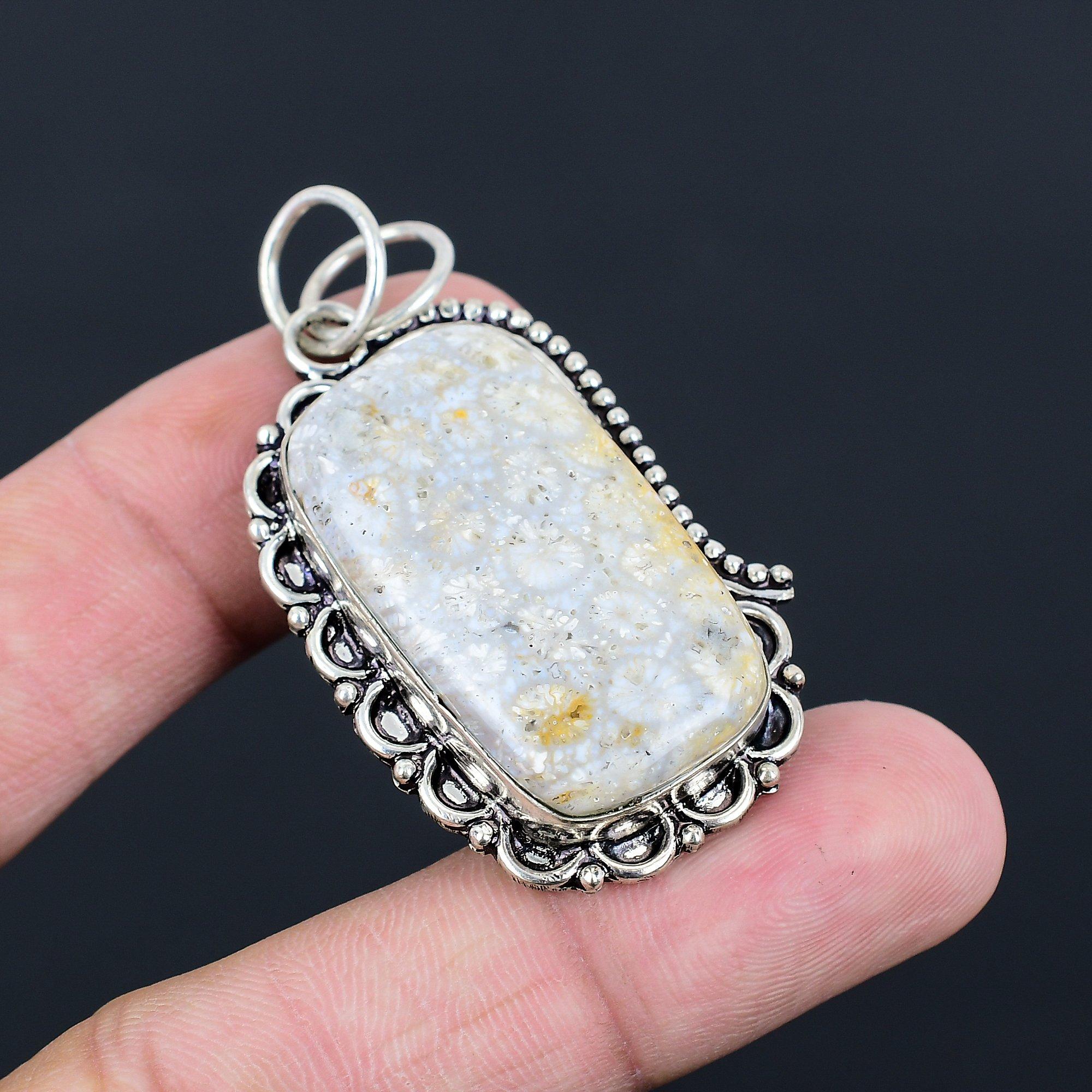 Sterling Silver Natural Fossil Coral Daughter Ethnic Root Chakra Wedding Pendant