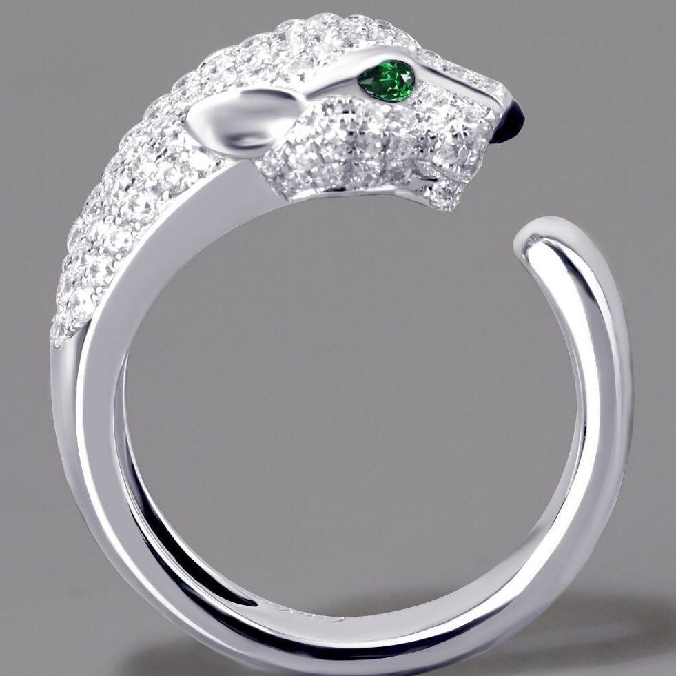 Stylish White Gold Micro-Set Zirconia Open Ring With Fierce Leopard Head Design For Men And Women