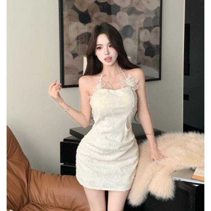 French pure lace flower neck sling dress women s high-end birthday slim dress hip wrap short skirt S