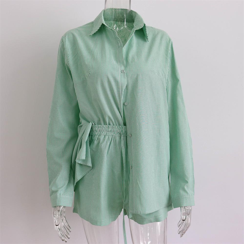 

Women s Striped Shirt and Shorts Set, Casual Summer Outfit with Colorful Beaded Necklace L світло-зелений колір