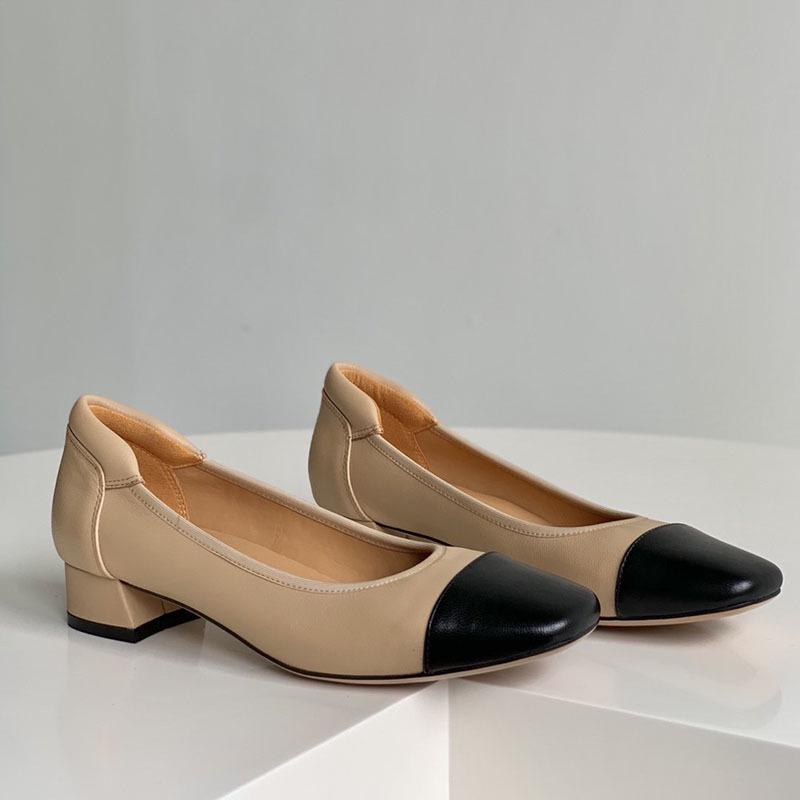 Luxury Handmade Genuine Leather Lambskin Flats - Women s Color Block Square Toe with Medium Chunky Heel 37