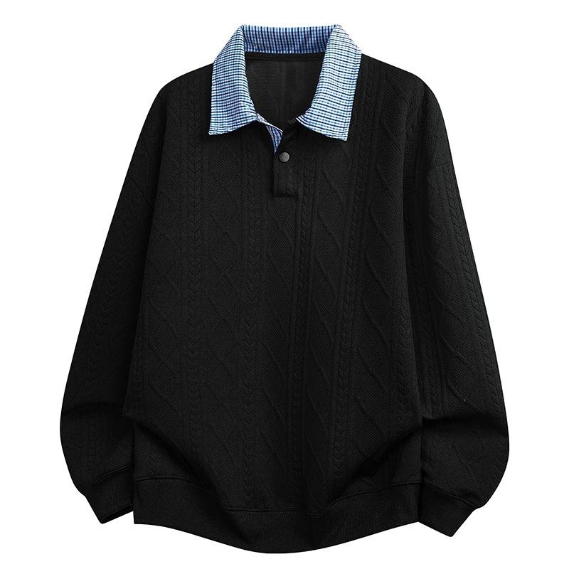 Loose Fit Plus Size Jacquard Plaid Collar American Casual Sweatshirt