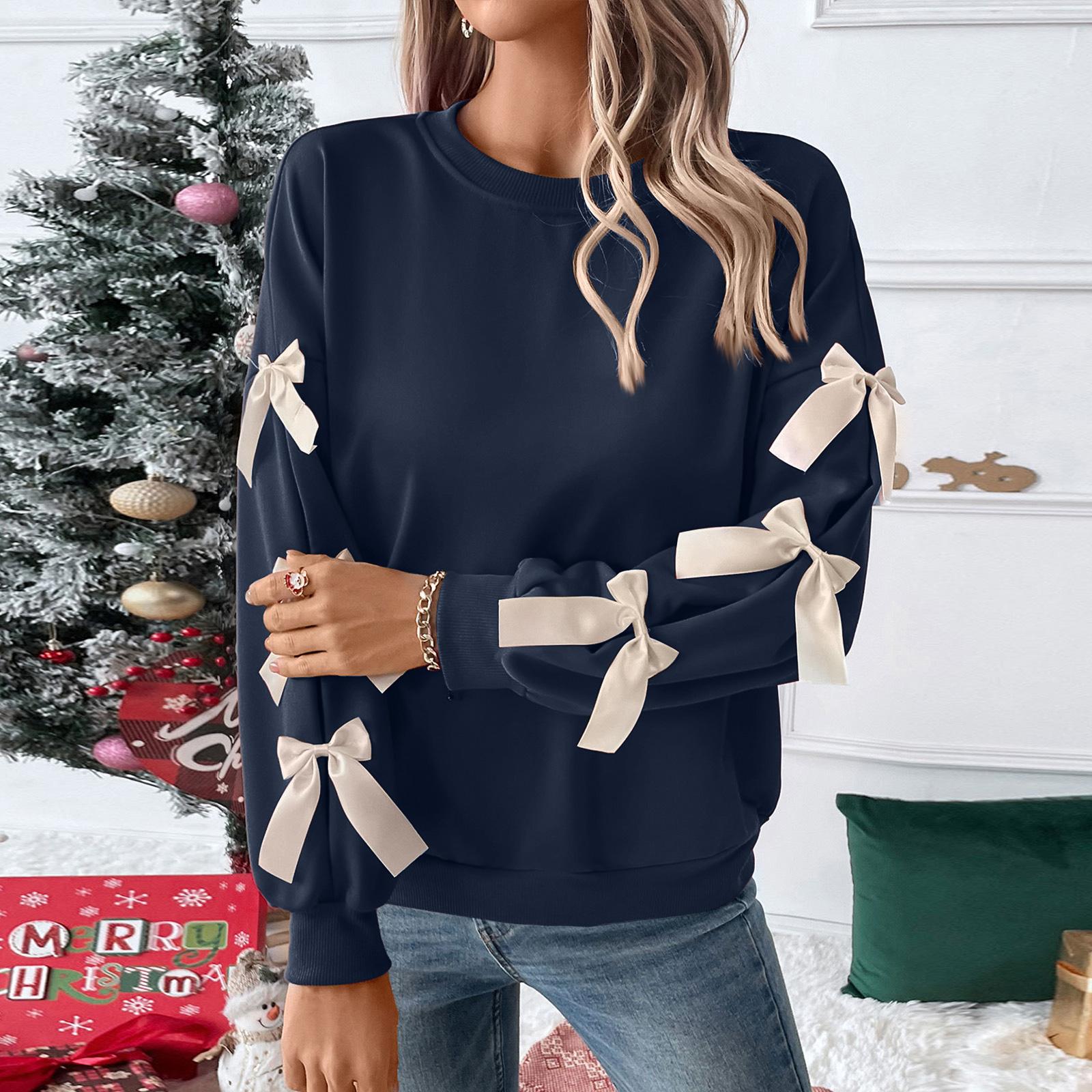 

Women s Fashion Casual Sweet Loose Round Neck Bow Red Christmas Pullover Sweatshirt M