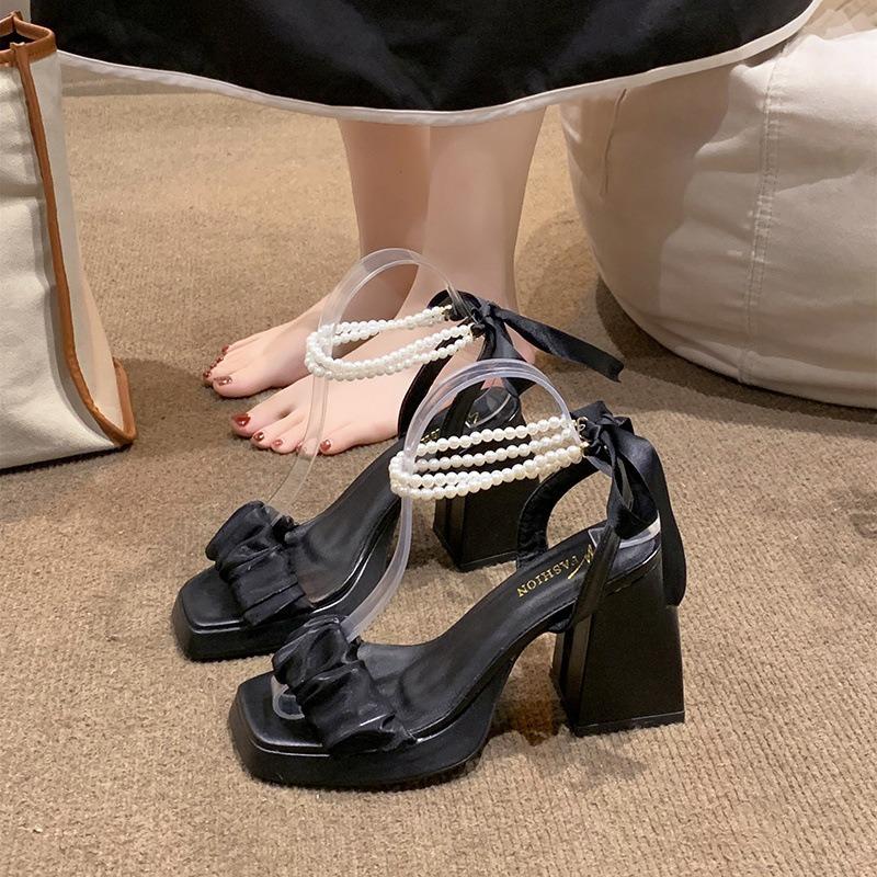 Fashion Women Sandals French Fairy Pearl Roman Sandal Elegant Square Toe High Heeled Sandals Banquet Party Shoes for Women Pumps