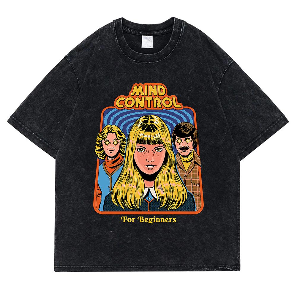 Mind Control For Beginners Washed Retro Men T Shirt Casual Oversize T-Shirt High Quality Cotton T-Shirt Short Sleeve