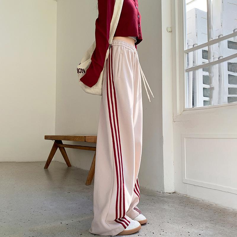 Gray Sweatpants Women's Autumn and Winter High-waisted Sweatpants New Side Striped Casual Pants Versatile Straight Wide-leg Pants
