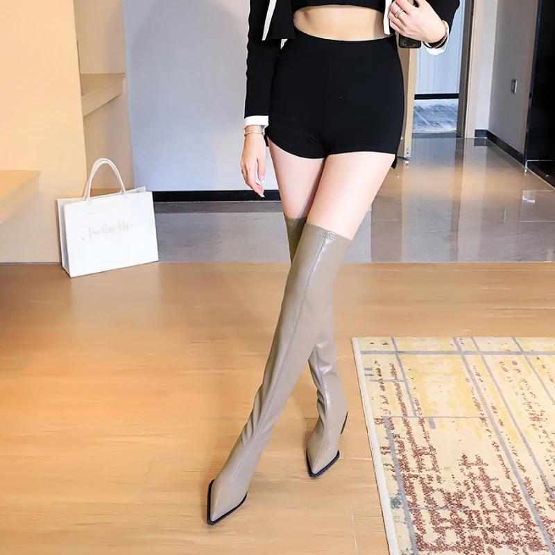 European American 2024 Simple Thick Heel Pointed Over Knee Boots Elegant Luxury High Heel Women's Boots 2024 Autumn/Winter