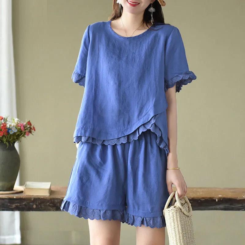 2PC Cotton Suit Women Summer Comfortable Short-sleeved Loose T-shirt Wide Leg Shorts Two-piece Set
