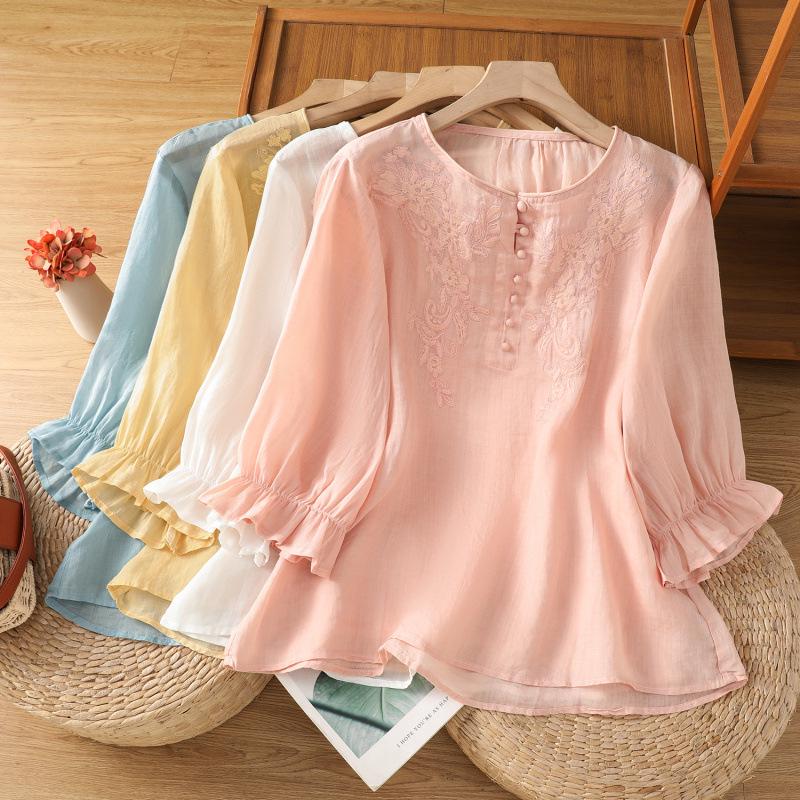 2026 Artistic Summer Embroidered Top: Soft, Breathable, Loose Fit with Ruffle Cuffs 2XL