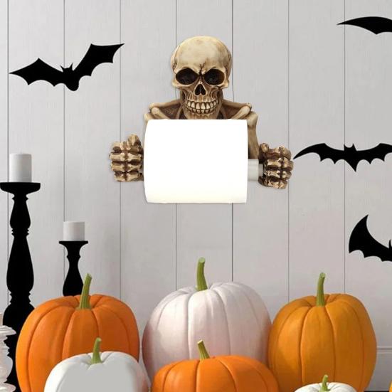 Yousheng Creative Skull Toilet Paper Holder Wall Mount Paper Rack Simple Installation Halloween Skull Tissue Dispenser Bathroom Decoration