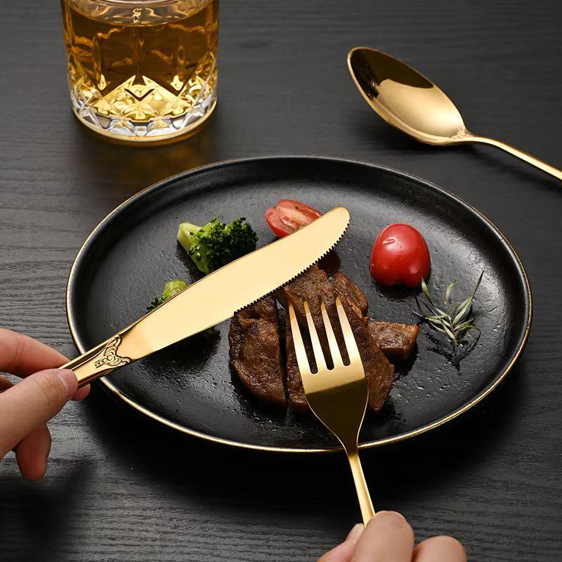 European Style Stainless Steel Cutlery Set with Hollow Relief Design: Royal Knife, Fork, and Spoon.
