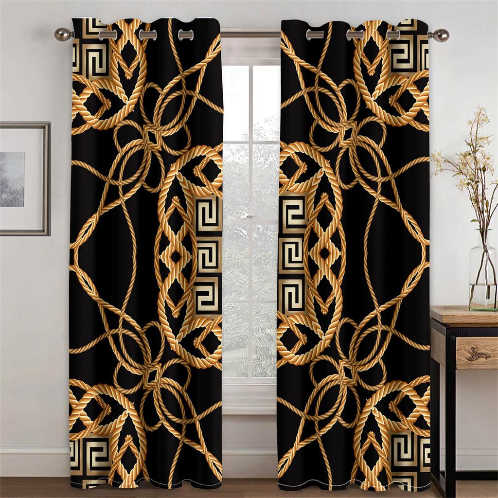Floral Gold Chain Lines 3D Green Creative Curtains 2 Panels Fit Living Room Kitchen Bedroom Balcony Decor