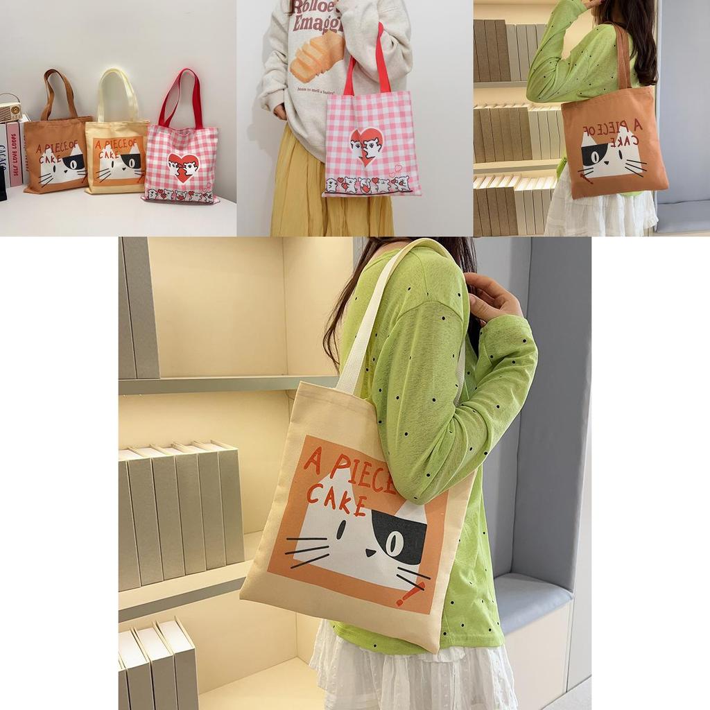 Cute Cat And Maltese Checkered Pattern Student Casual Canvas Bag For Outings And School