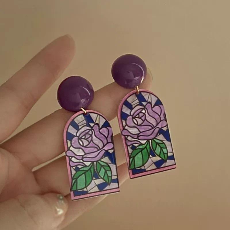 Vintage oil painting wind purple flower earrings romantic French earrings temperament stud earrings фиолетовый