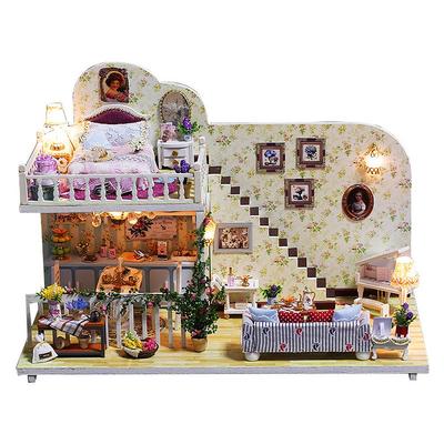 Puppenhaus Miniatur DIY Bausatz Retro Amerikanischer Stil Puppenhaus mit Floralem und Luxuriösem Flügel LED-Lichtern und Acryl (moin moin) Set Blumen,