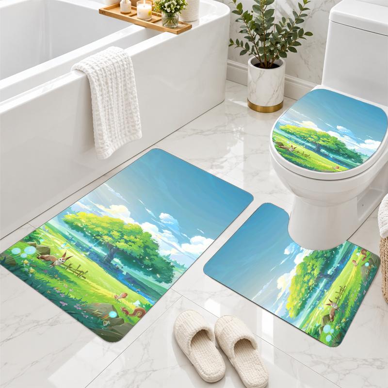 3Pcs Flannel Toilet Mat Set Genshin Impact Bathroom Rug Non Slip Bath Carpet Home Decor