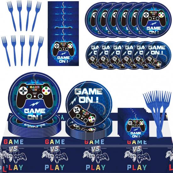 Video Game Party Supplies Tableware Set, Video Game Birthday Decorations, Including Dinner Plates, Tablecloth, Forks, and Napkins, Game Birthday