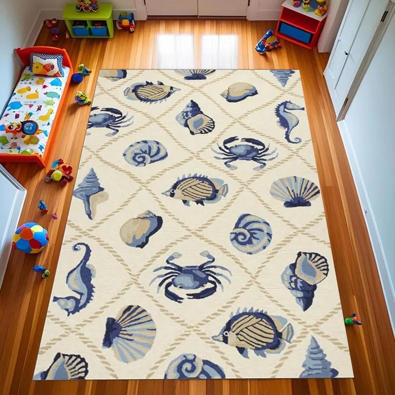 Lingge Shell Carpet Nordic Style Grid Blue Watercolor Carpet Ocean Series Carpet Door Mat Room Bedroom Decoration Rug