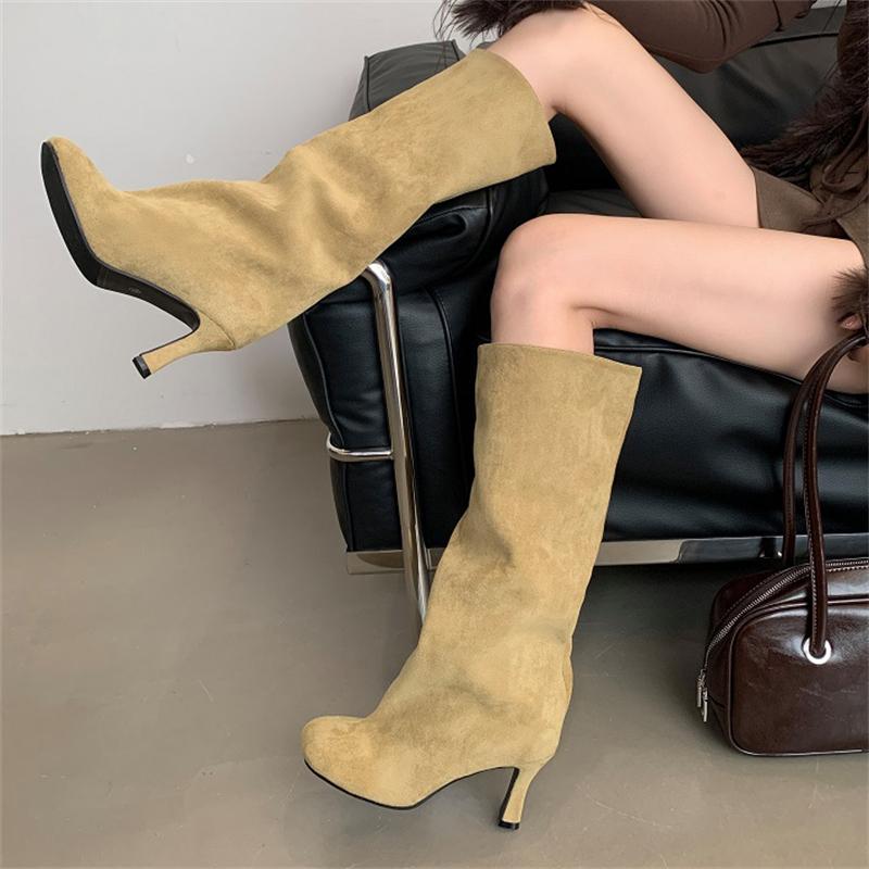 Aneikeh Winter Street Style Runde Zehen Kniehohe Damenstiefel Punk Dünne High Heels Schuhe Weibliche Lange Booties