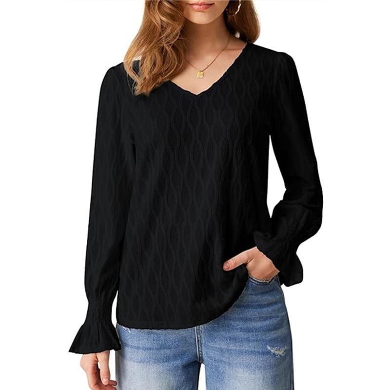 Autumn and Winter Women s Fashion Solid Colour V-Neck Long Sleeve Range T-Shirt S