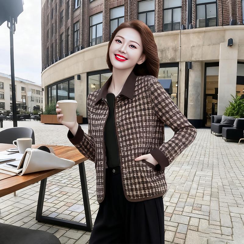 2025 Spring/Fall Women's Plaid Jacket - Casual Fashion for Middle-Aged & Elderly