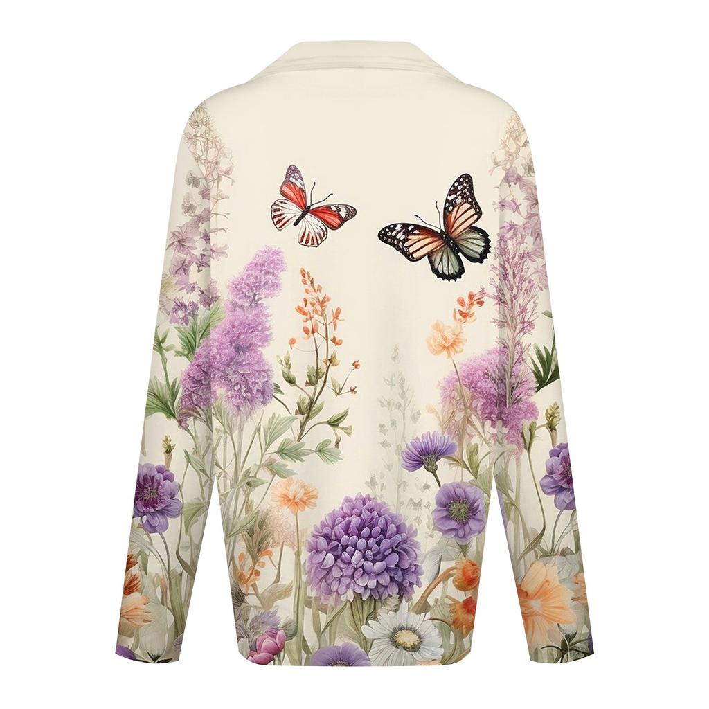 Damen Herbst und Winter Top mit Reißverschluss, lässiges Langarm-Top mit Retro-Blumendruck