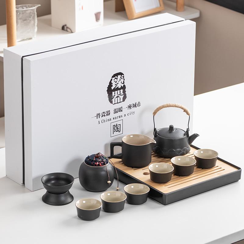 Black Pottery Kung Fu Tea Set Cover Bowl Teapot Tea Cup Tea Set Accessories Complete Tea Tray Business Gifts High-end Gift Box