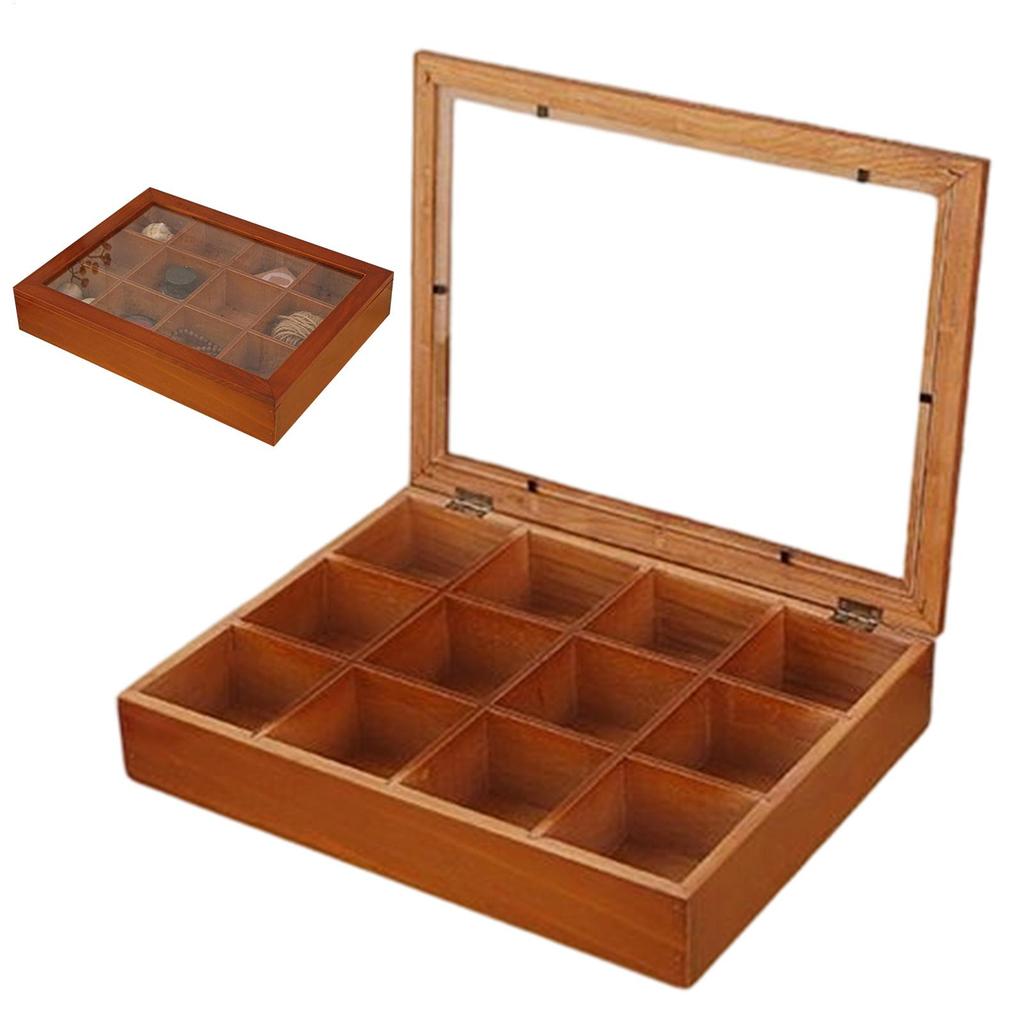 Multifunktionale Teebox aus Holz mit 12 Fächern, Deckel und Teebeutelhalter für Küchenschränke und mehr.