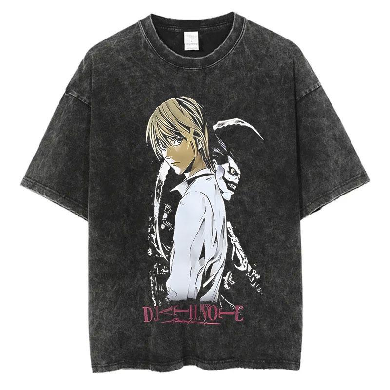 Harajuku Retro Washed T-shirt Anime Graphic Printed T-shirt Oversized Fashionable Streetwear Unisex T-shirt