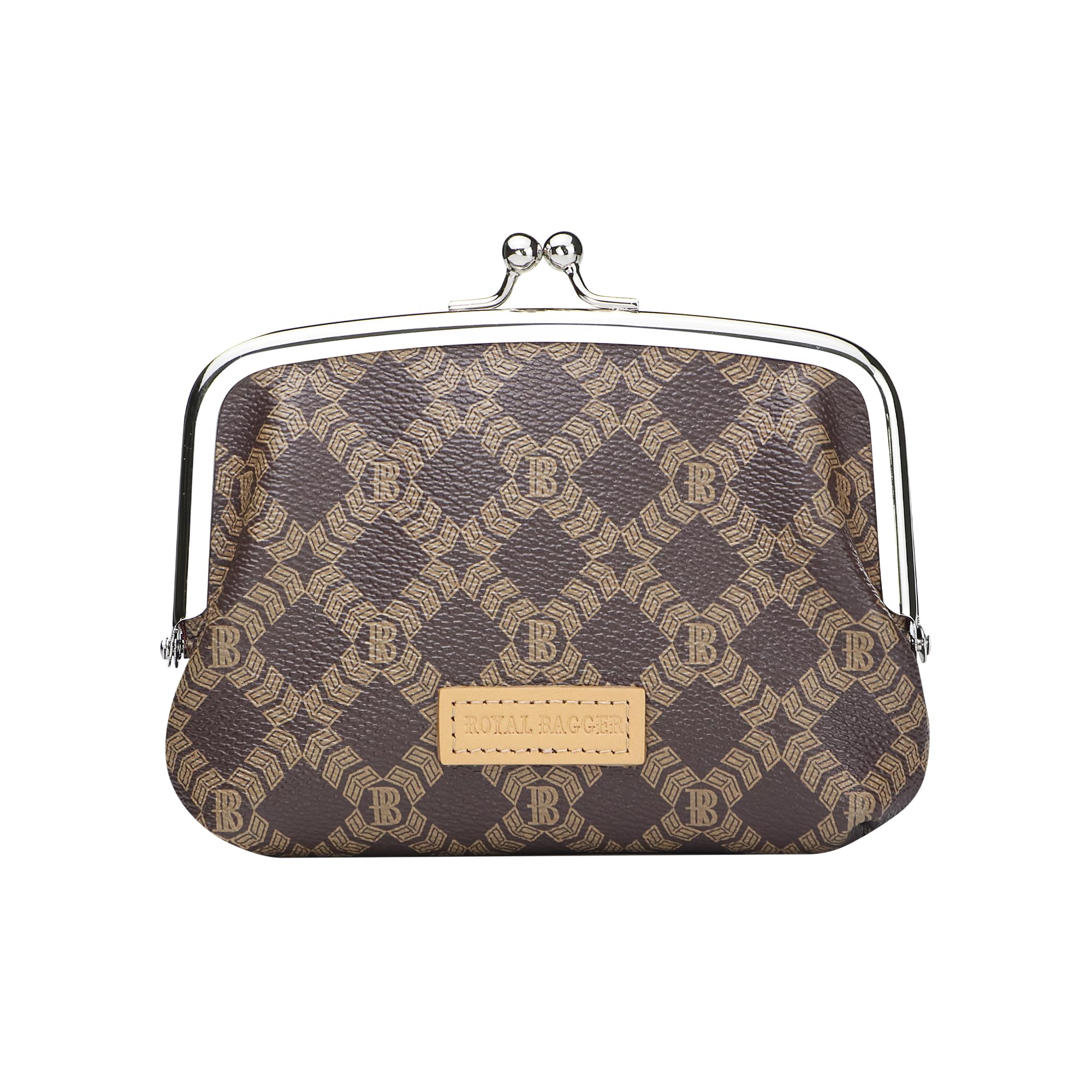 

ROYAL BAGGER Women s RFID Coin Purse, Fashion Kiss Lock Change Pouch, Double Clip Key Card Storage Bag, Signature Coated Canvas & Vegetable Tanned