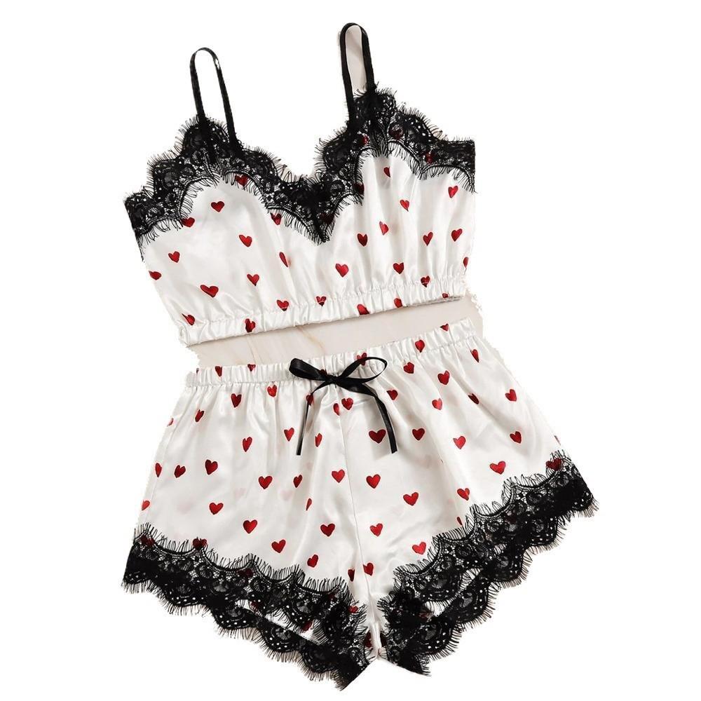 

European & American Heart Print Summer Pajama Set - Strapless Lace Ice Silk Camisole Dress Double Extra Large