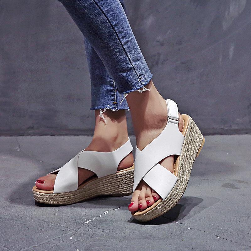 European and American foreign trade large size fashion summer sandals round head lightweight Velcro rubber sole hemp rope sole cross sandals
