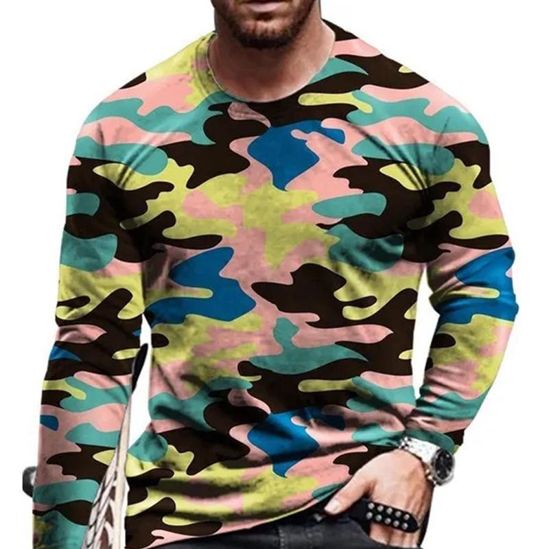 Tide Camouflage Pattern Tričko evropské velikosti s dlouhým rukávem Pro pánské Ležérní Podzimní Trend Trička s kulatým výstřihem
