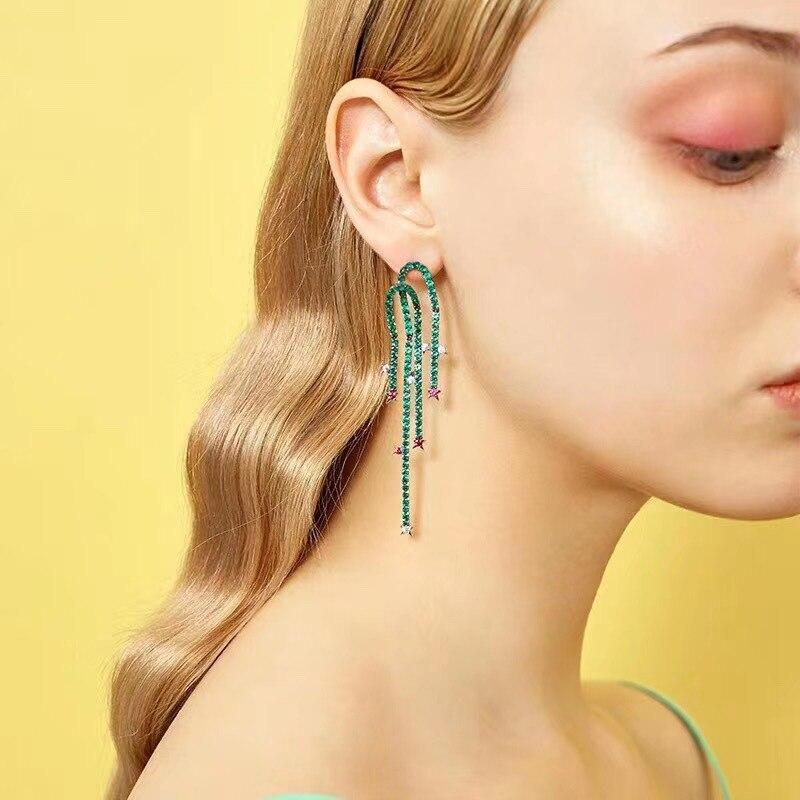 Personality Micro-set Green Cubic Zirconia Pentagram Earrings Long Tassel Earrings Lady Earringsfashion Dangle Earrings Dropship