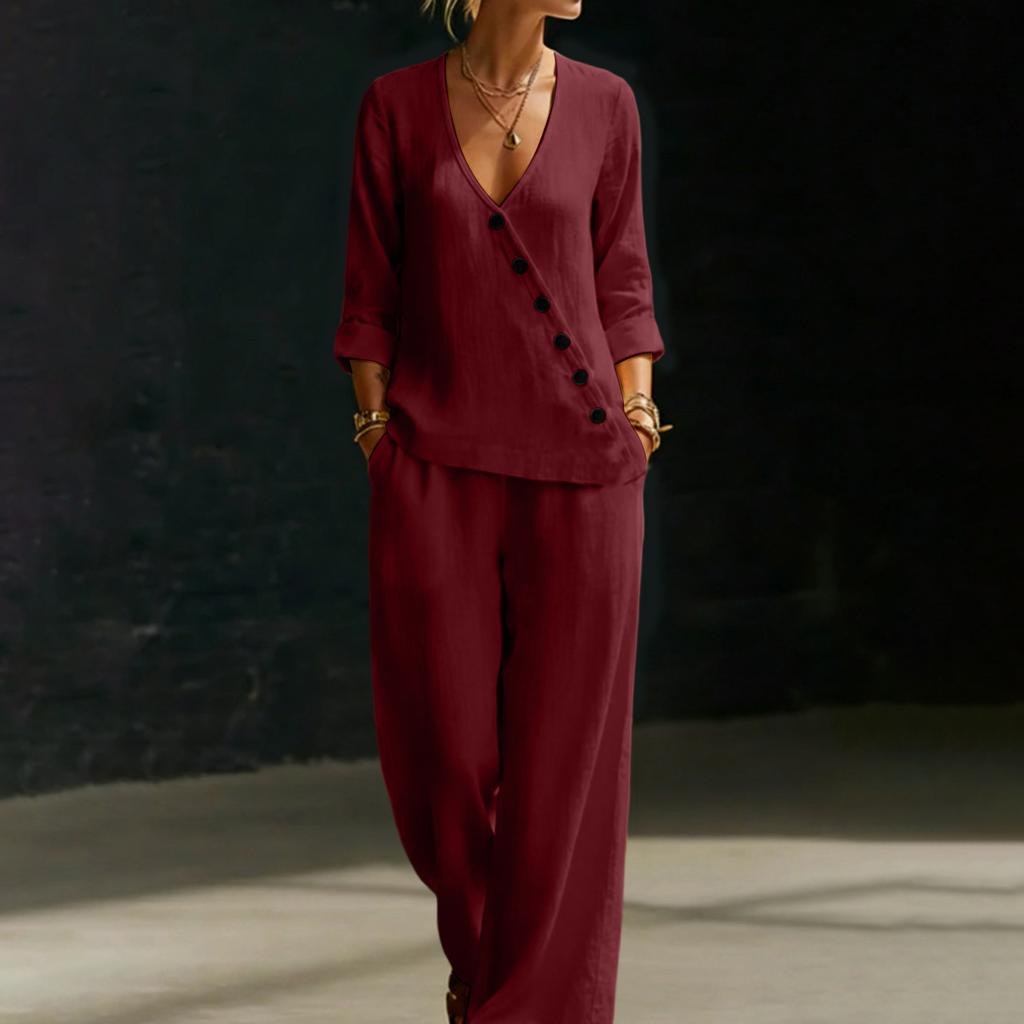 Women's Color Temperament Loose V-neck Button Shirt Wide Leg Pants Two-piece Set