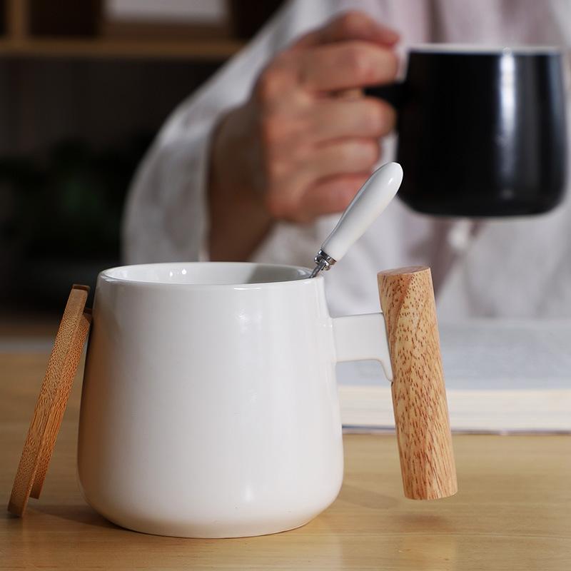 Ceramic Coffee With Lid Spoon Simple Wooden Handle Office Couple Water Cup Engraving