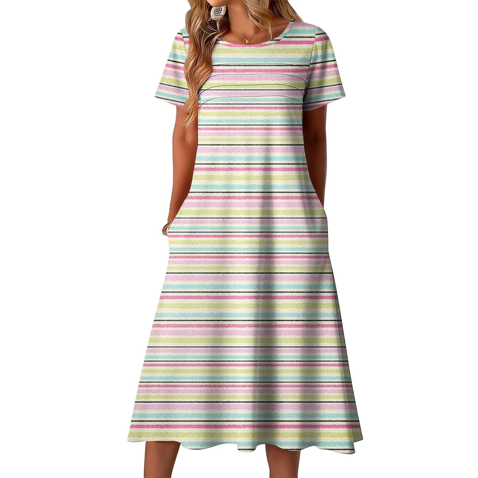 Ladies  striped printed casual and fashionable short sleeved round neck dress M
