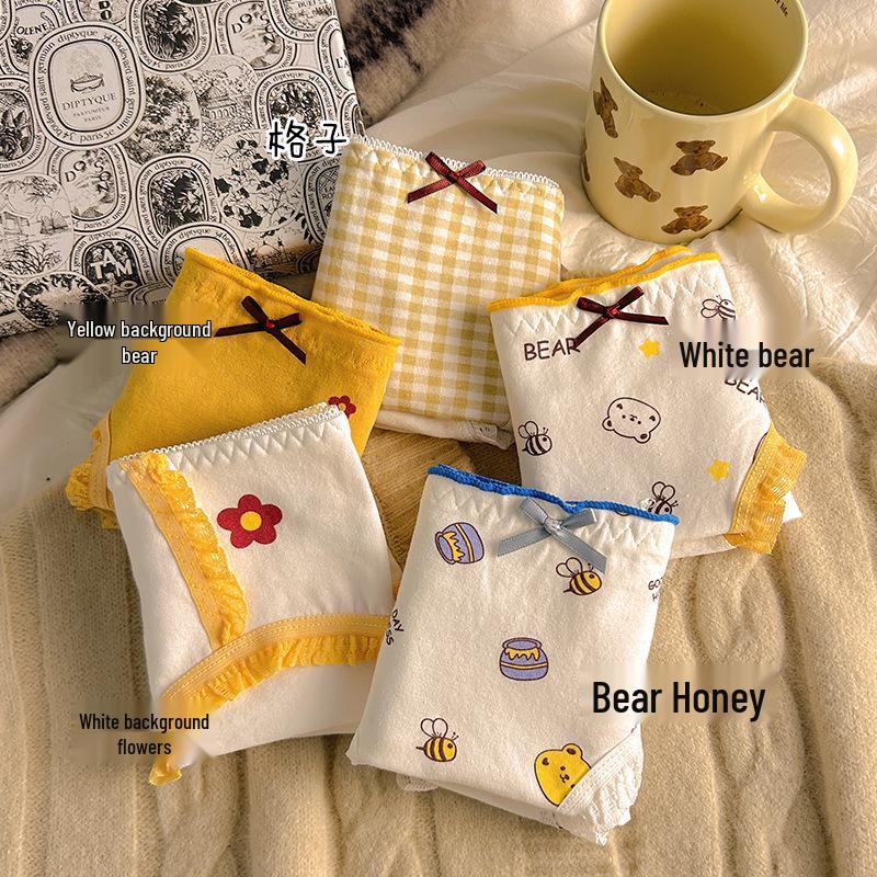 Girls' Cotton Mid-Waist Plaid Panties with Bow - Comfortable & Breathable