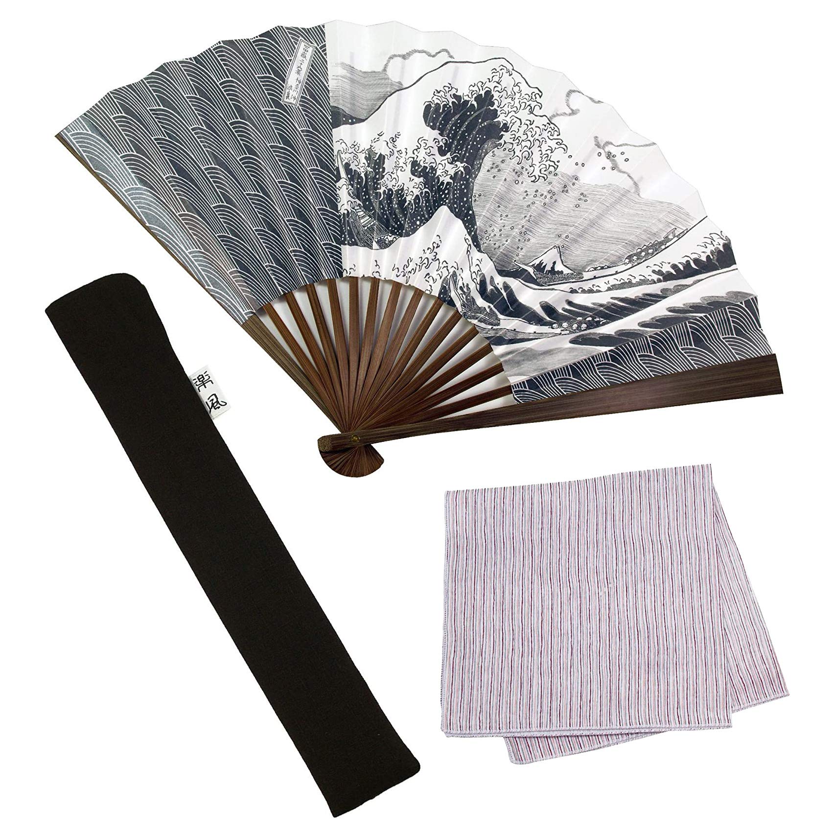

[Osaka Choseido] Men s Stylish Folding Fan, Business Style, Folding Fan Bag, Folding Fan Case, and Handkerchief Set (Namiura)
